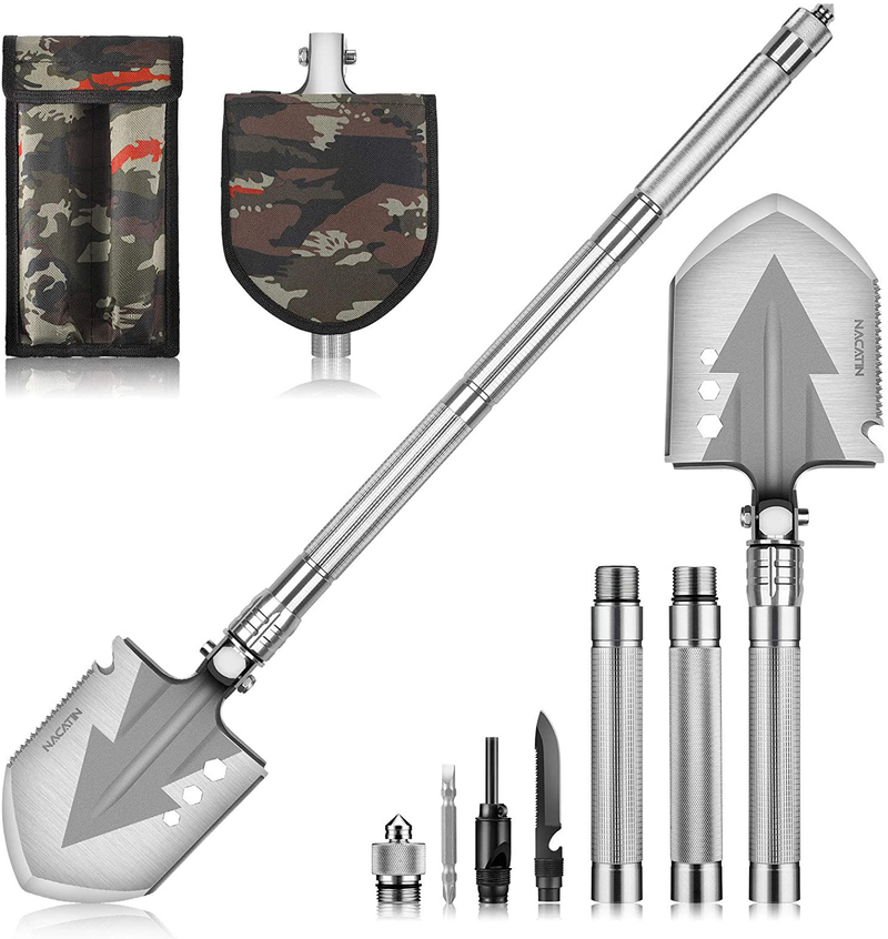 NACATIN Survival Shovel,28” Multitool Camping Shovel,Military Folding Shovel with 3 Non-Slip Aluminum Tubes for Outdoor Hiking,Hunting,Expedition,Garden