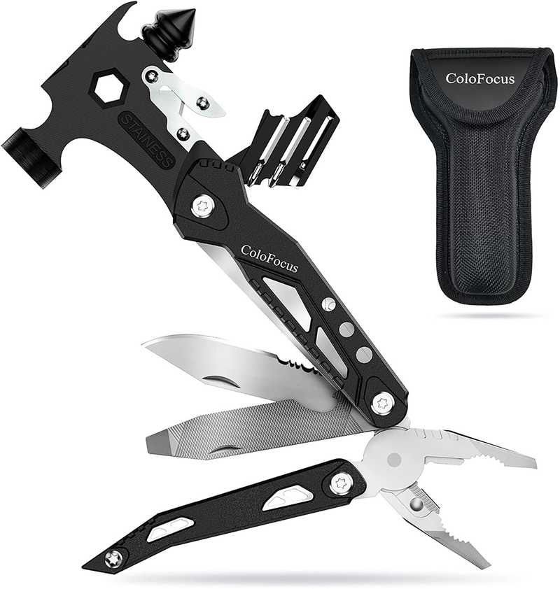 Gifts for Dad, Colofocus Hammer Multitool, All in One Mini Veitorld Survival Ket, Portable Stainless Steel 16 in 1 Tools Suitable for Maintenance, Outdoor Camping Survival and Broken Window Escape