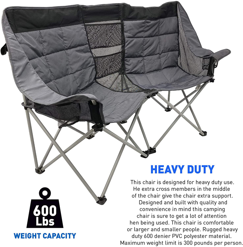 Easygo Product Double Love Seat Heavy Duty Oversized Camping RV Chair Folds Easily and Is Padded, Black Grey