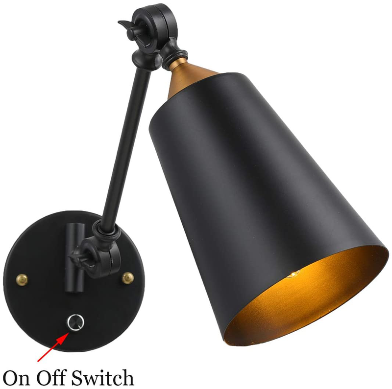 Pauwer Industrial Plug in Wall Sconces Set of 2 with on off Switch Vintage Edison Swing Arm Wall Lamp Black Metal Shade Wall Light Fixtures