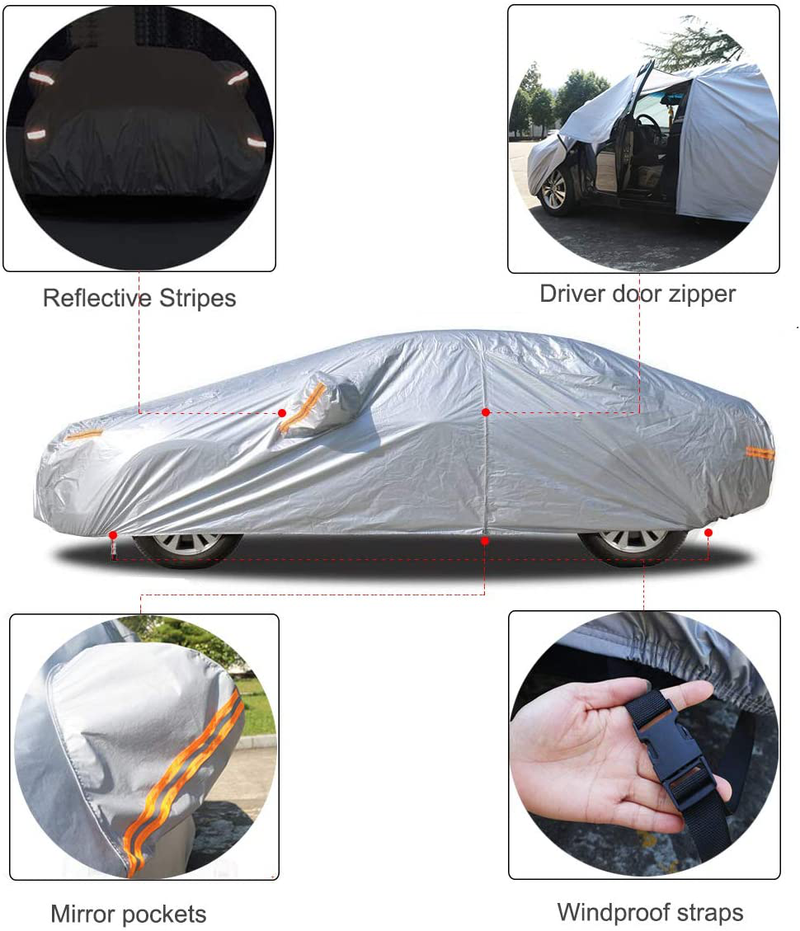 Kayme Car Covers for Automobiles Waterproof All Weather Sun Uv Rain Protection with Zipper Mirror Pocket Fit Sedan (182 to 193 Inch) 3XL