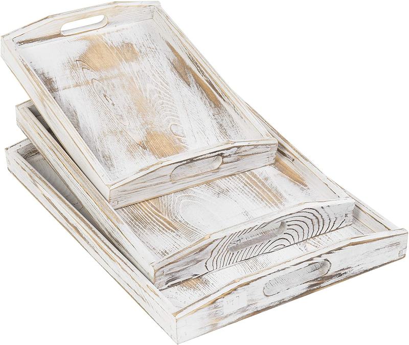 MyGift Whitewashed Nesting Wood Serving Trays with Cutout Handles, Set of 3
