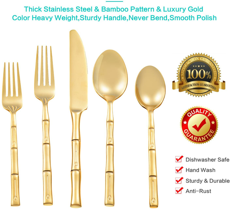 Flatasy Flatware Set Gold Silverware Set with Bamboo Pattern Mirror Polished 20 Pieces Cutlery Set Housewarming Wedding Gift Service for 4
