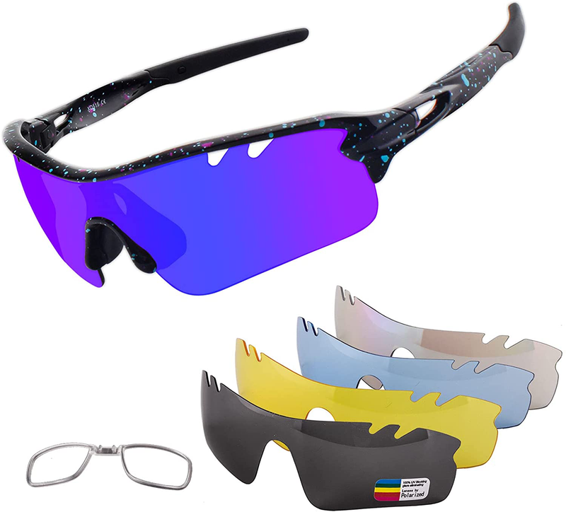 Polarized Sports Sunglasses Cycling Sun Glasses for Men Women with 5 Interchangeable Lenes for Running Baseball Golf Driving