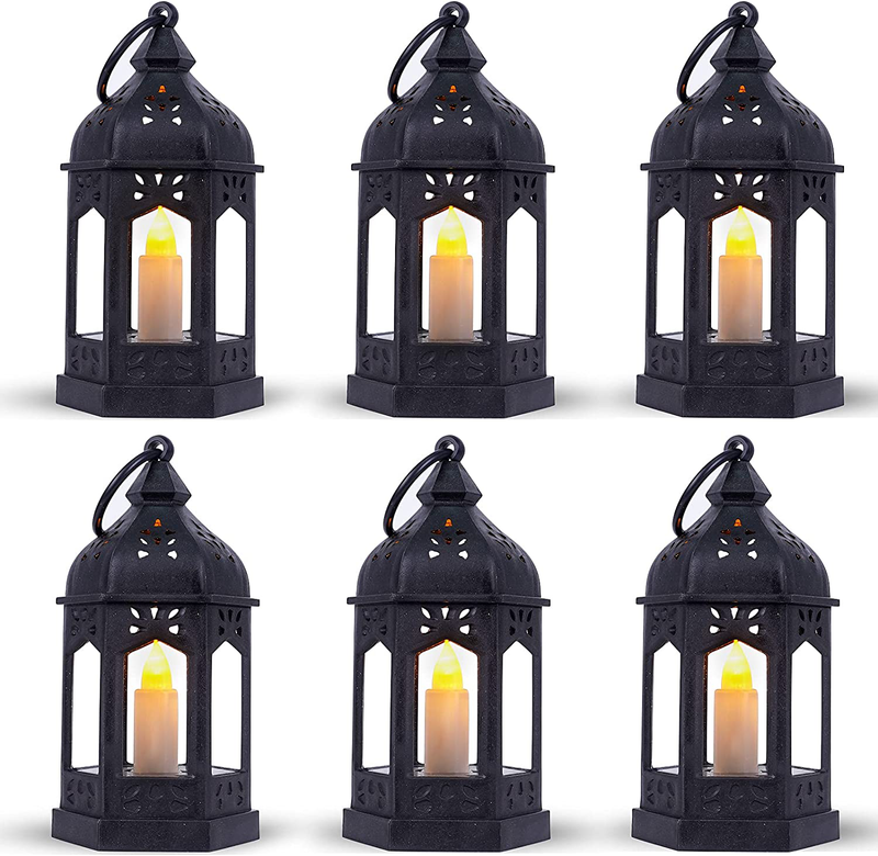 SHYMERY Mini Lantern with Flickering LED Candles,Vintage Black Decorative Hanging Candle Lanterns for Halloween,Wedding Decorations,Christmas,Table Centerpiece,Battery Included（Set of 6）