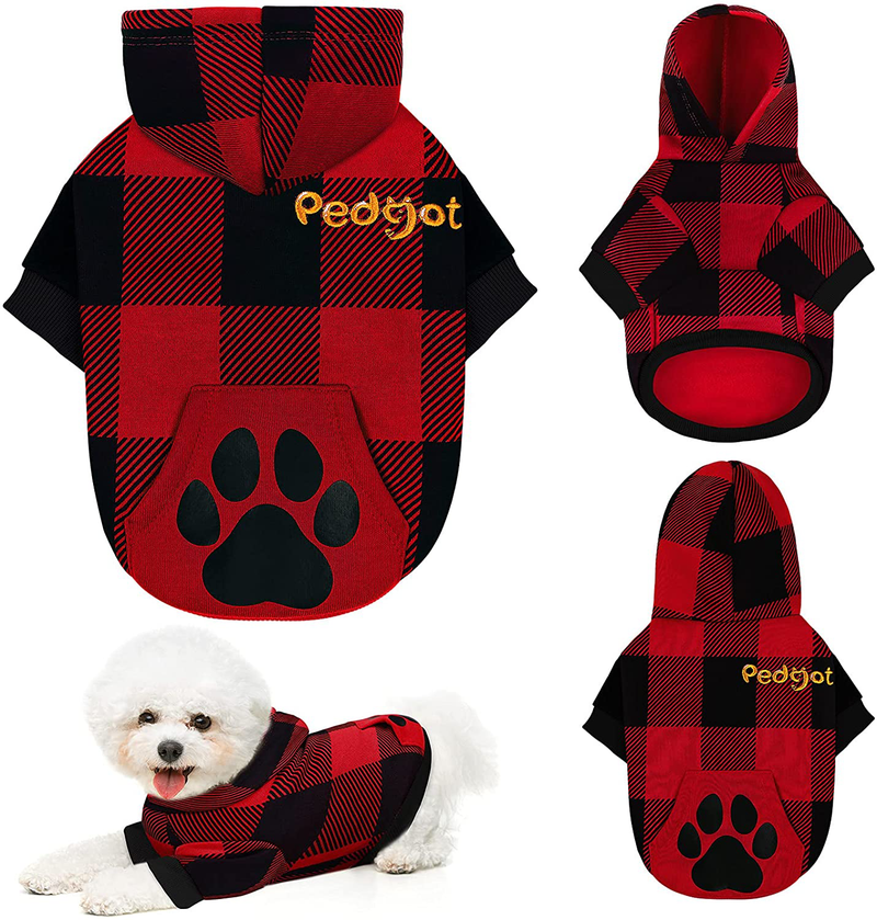 Pedgot Plaid Dog Hoodie Pet Clothes with Hat Pet Sweaters for Dogs Puppies Cats Clothes with Dog Footprints Patterns Pocket, Warm, Soft and Breathable