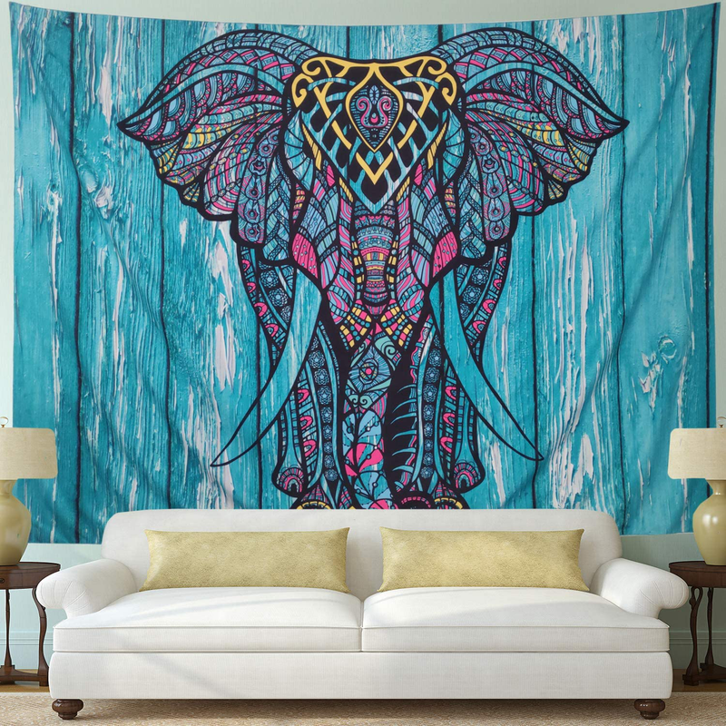 Elephant Tapestry Vintage Blue Old Wooden Plank Tapestry Wall Hanging Bohemian Mandala Tapestry Psychedelic Wall Tapestry Watercolor Hippie Indian Tapestry Decor(Blue Elephant,51.2" × 59.1")