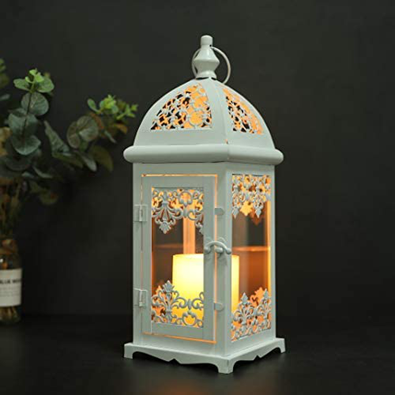 JHY DESIGN Decorative Candle Lantern 15''High Metal Candle Lanterns Vintage Style Hanging Lantern for Indoor Outdoor Events Parities Weddings(White Color)
