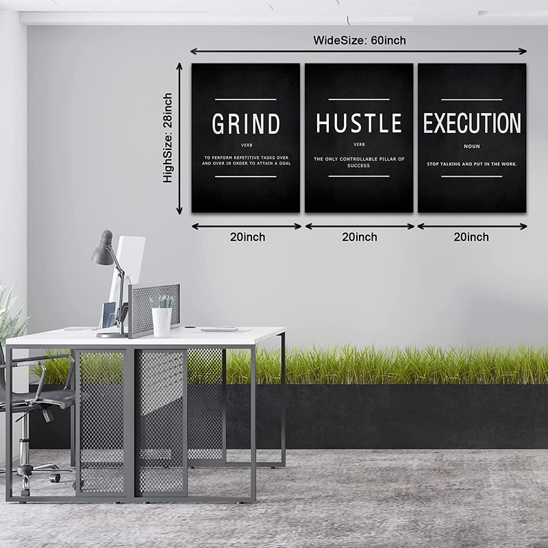 KAWAHONE Inspirational Grind Hustle Execution Quotes Poster Framed, Motivational Canvas Painting Print Picture Wall Art Positive Sayings Artwork for Home Office Workplace Large-20x28inchx3PCS