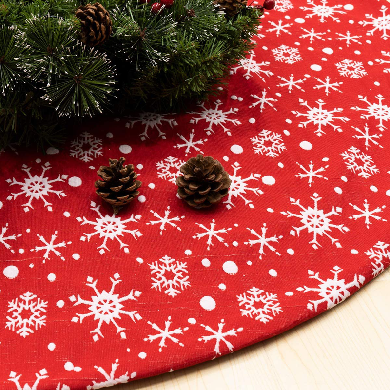 GIGALUMI Red Christmas Tree Skirt with Snowflakes, Christmas Tree Skirts 48 inch Perfect, Traditional Christmas Tree Mat Double Layers for Xmas Party Decoration