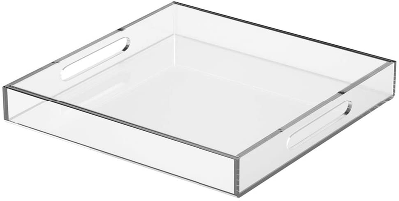 NIUBEE Clear Serving Tray 12x16 Inches -Spill Proof- Acrylic Decorative Tray Organiser for Ottoman Coffee Table Countertop with Handles