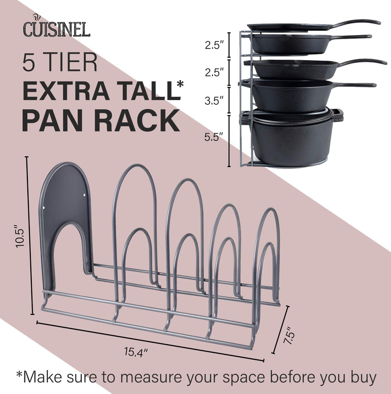 Heavy Duty Pan Organizer, Extra Large 5 Tier Rack - Holds Cast Iron Skillets, Dutch Oven, Griddles - Durable Steel Construction - Space Saving Kitchen Storage - No Assembly Required - Grey 15.4-Inch