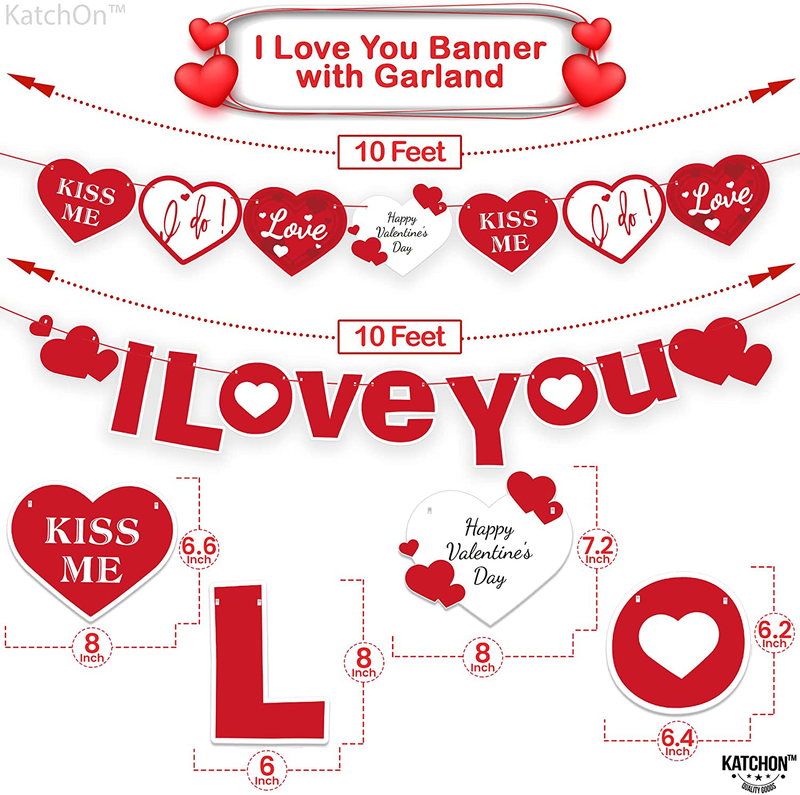 I Love You Banner with Heart Garland - 10 Feet, No DIY | Valentines Day Banner for Valentines Day Decorations | I Love You Decorations for Anniversary, Proposal, Romantic Decorations Special Night
