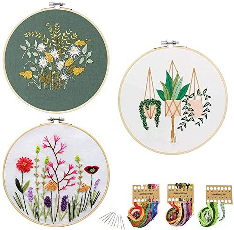 JUSHOOR 3 Sets Embroidery Starter Kit with Patterns, Full Range of Cross Stitch Kit Supplies for Beginners Adults Kids(Bamboo Hoop+Cloth+Tools)