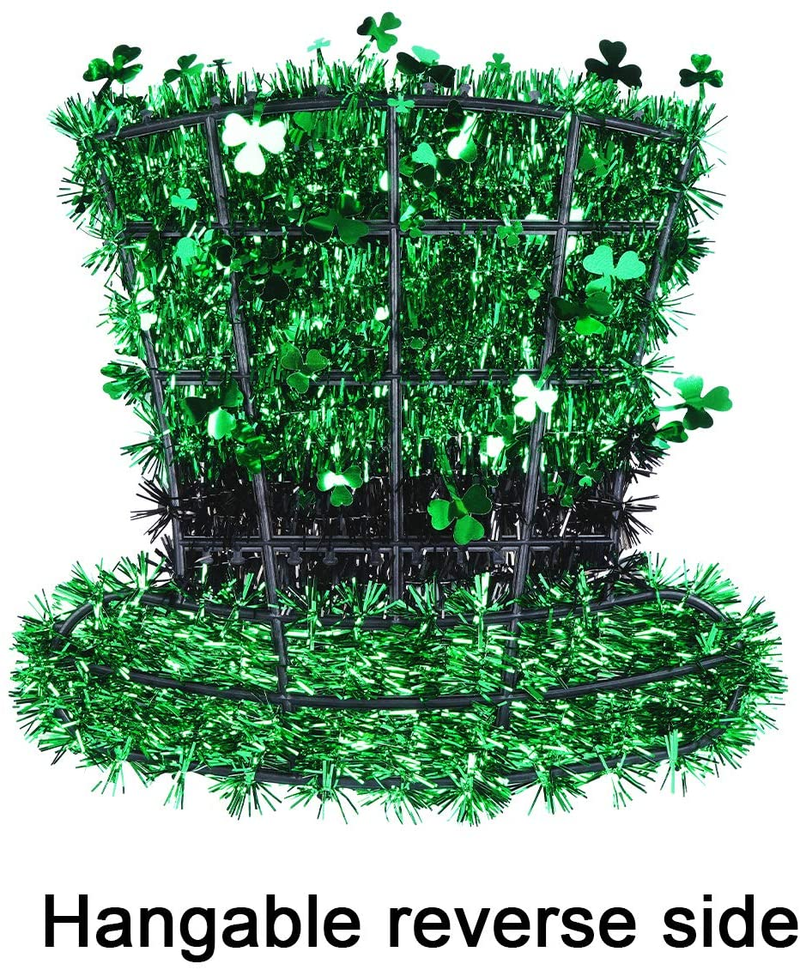 Green Tinsel Garland, 4 Pack Include Shamrock Wreath, Wire Circle Garland, Leprechaun Hat and Metallic Tinsel Twist Garland for St. Patrick'S Day Decorations and Lucky Irish Themed Parties