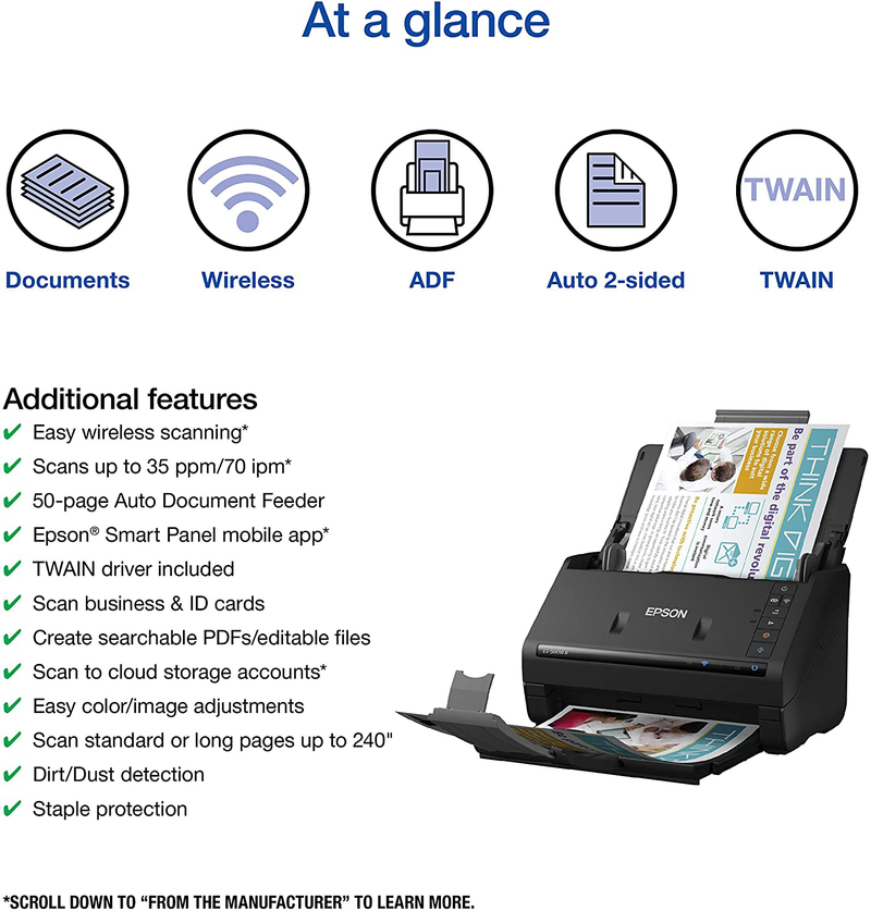 Epson Workforce ES-500W II Wireless Color Duplex Desktop Document Scanner for PC and Mac, with Auto Document Feeder (ADF) and Scan from Smartphone or Tablet