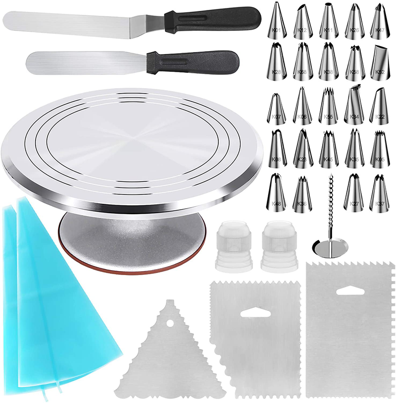 Kootek 35-in-1 Cake Decorating Supplies with Aluminium Alloy Revolving Cake Turntable, 24 Piping Tips, 2 Frosting Spatula, 3 Icing Comb, 2 Reusable Pastry Bags, 2 Couplers and 1 Flower Nail