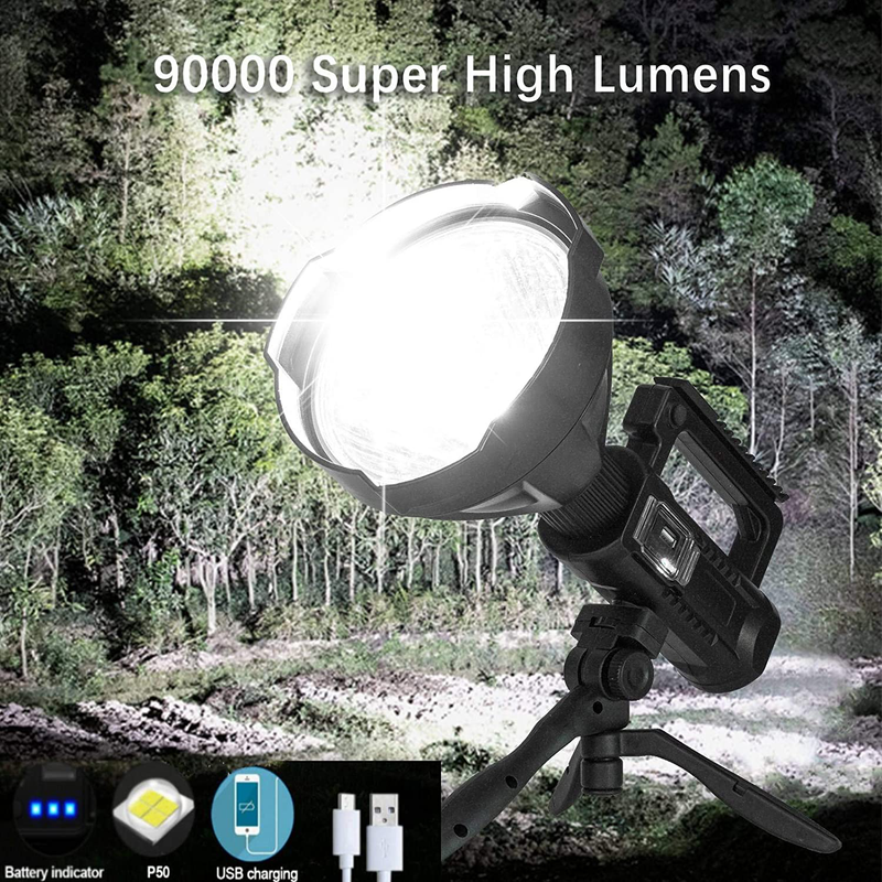 Rechargeable Spotlight Flashlight High Lumens, 90000 Lumen LED Super Bright Searchlight, 4 Modes IPX5 Waterproof Work Lights for Hiking, Camping, Hunting and Emergencies with Tripod and USB Output