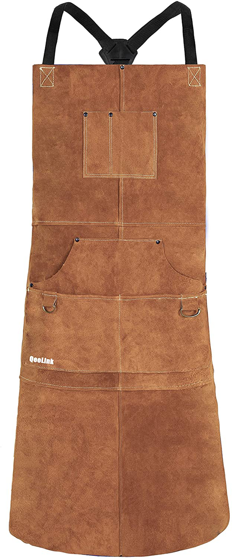 QeeLink Leather Welding Apron - Heat & Flame-Resistant Heavy Duty Work Forge Apron with 6 Pockets, 42" Large & Cross Back Extra Long Strap, Adjustable M to XXXL for Men & Women (Brown)