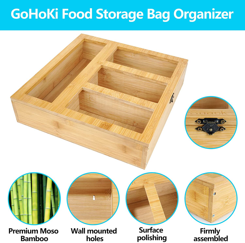 Gmoelusia Bamboo Ziplock Bag Storage Organizer for Kitchen Drawer or Wall Mount, Premium Openable Top Lids Food Storage Bag Holders Compatible with Ziploc, Glad, Gallon, Quart, Sandwich & Snack Bags