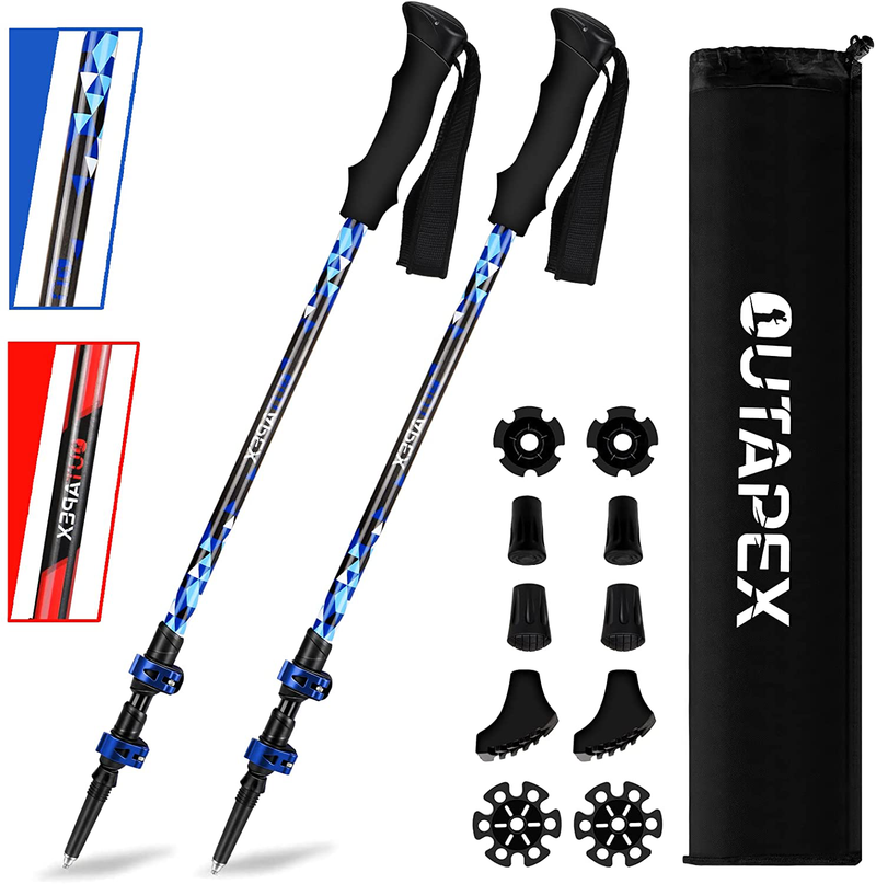 OUTAPEX Carbon Fiber Trekking Poles - 2-Pc Pack Lightweight, Adjustable Hiking or Walking Sticks with EVA Grips, Padded Strap, Quick Adjust Metal Locks, 10 Anti-Shock Rubber Tips for Walking