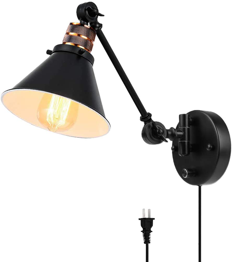 Plug in Wall Sconces , PARTPHONER Swing Arm Wall Lamp with Dimmable on off Switch, Metal Black Vintage Industrial Wall Mounted Lighting Reading Light Fixture for Bedside Bedroom Indoor Doorway