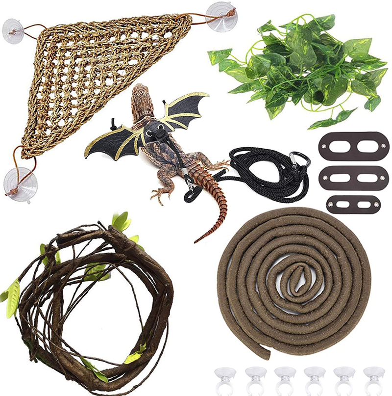Hamiledyi Bearded Dragon Accessories Lizard Hammock Climbing Jungle Vines Adjustable Leash Bat Wings Flexible Reptile Leaves with Suction Cups Reptile Tank Habitat Decor for Gecko,Snakes,Chameleon