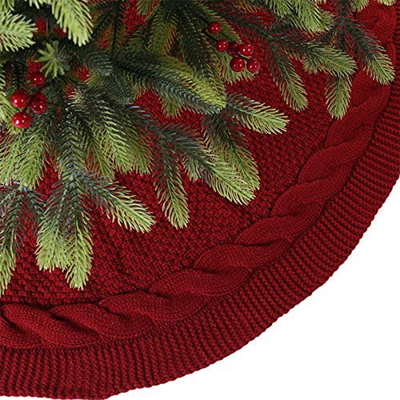 Sattiyrch Christmas Tree Skirt, 48 inches Luxury Cable Knit Knitted Thick Rustic Xmas Holiday Decoration, Burgundy (1)
