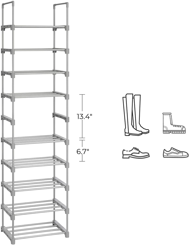 SONGMICS Shoe Rack, 10-Shelf Metal Shoe Storage Organizer, Customizable Design, Space-Saving and Versatile Rack for Living Room Bedroom Kitchen, 17.7 X 11.8 X 68.5 Inches, Gray ULSA025G02