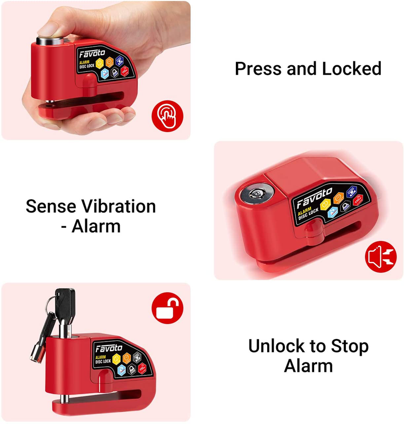 Favoto Disc Lock Alarm, 110 dB Alarm Sound Disc Brake Padlock for Motorcycle e-Bike Bicycle Scooter, 0.27 inch/7mm Lock Pin with Reminder Cable and Carrying Bag (Red)