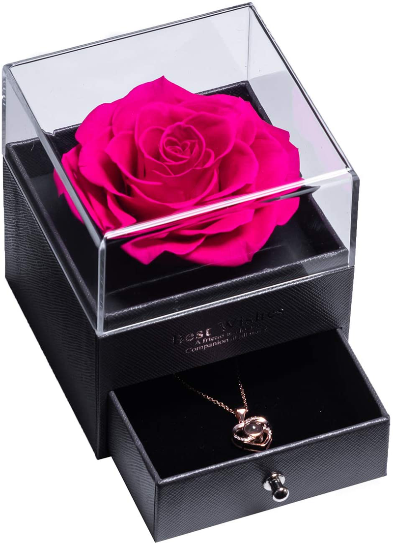 Preserved Real Rose Eternal Handmade Preserved Rose with Love You Necklace 100 Languages Gift, Enchanted Real Rose Flower for Valentine'S Day Anniversary Wedding Romantic Gifts for Her