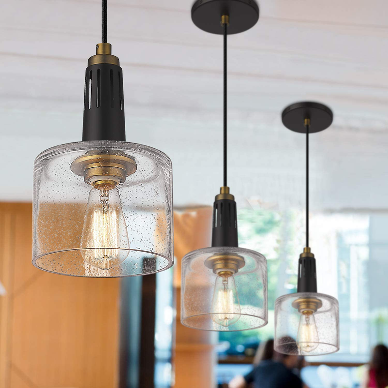 Industrial Pendant Light, Mini Glass Pendant Light for Kitchen, Bell Pendant Lighting in Black Finish with Seeded Glass, Adjustable Length, LMS-095