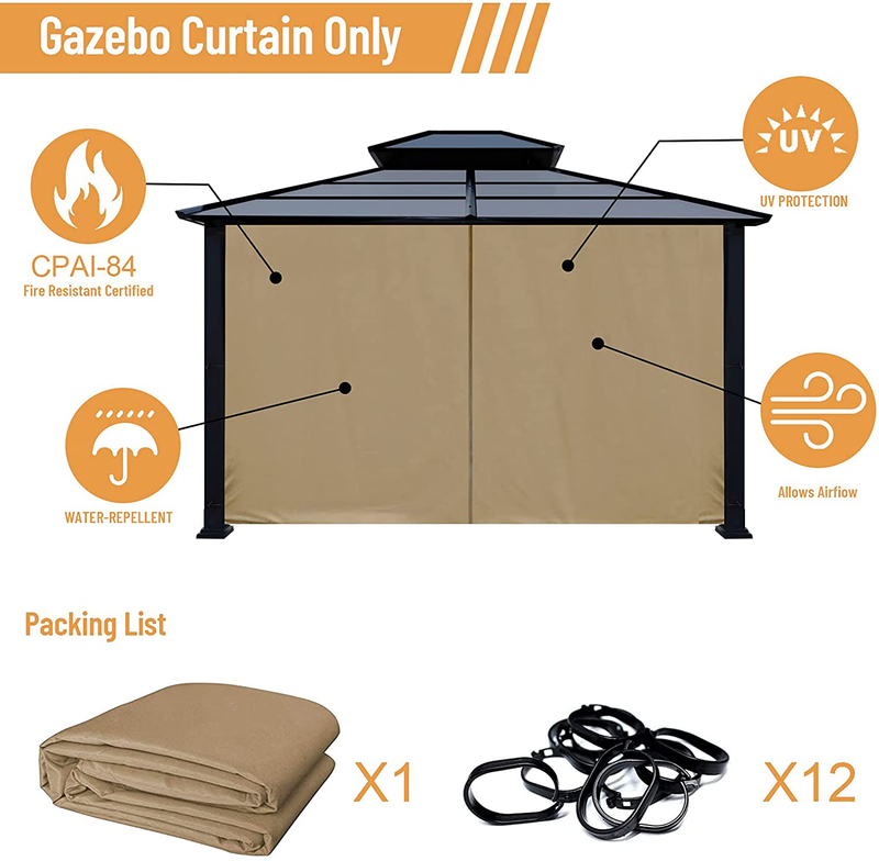 Gazebo Universal Replacement Privacy Curtain - Viragzas 10'x10' Gazebo Canopy Panel Side Wall with Zipper (10'x10', Khaki)