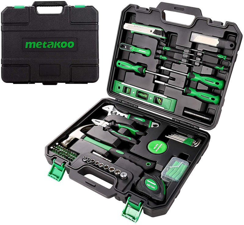 Tool Kit for Home, METAKOO 124 Pcs General Household Hand Tool Kit with Plastic Toolbox Storage Case, Plating Surface, Cr-V Garage Repairs Tool, Essential Tool, Housewarming Gift, MTS01H