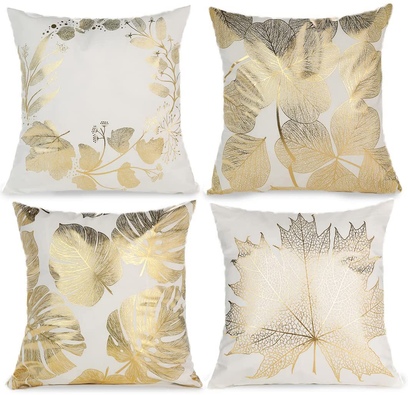 JUFANGFIN Gold Foil Geometric Throw Pillow Covers 18X18 Inch,Set of 4 Farmhouse Geometric Leaves Dercoration,Square Couch Sofa Cushion Covers for Living Bed Room,Outdoor Patio Home Decor(Gold Foil-1)