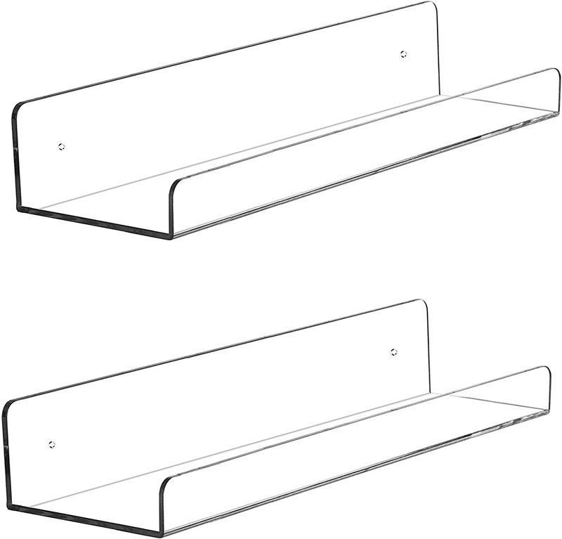 Cq acrylic 15" Invisible Acrylic Floating Wall Ledge Shelf, Wall Mounted Nursery Kids Bookshelf, Invisible Spice Rack, Clear 5MM Thick Bathroom Storage Shelves Display Organizer, 15" L,Set of 4