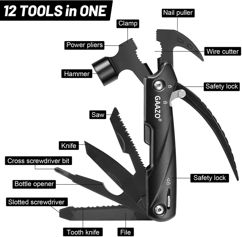 Multitool Camping Accessories, Stocking Stuffers for Men and Women, 12 in 1 Claw Hammer with Pliers Knife Saw, Screwdrivers Bottle Opener, Survival Gear for Camping Hiking Outdoor Activities