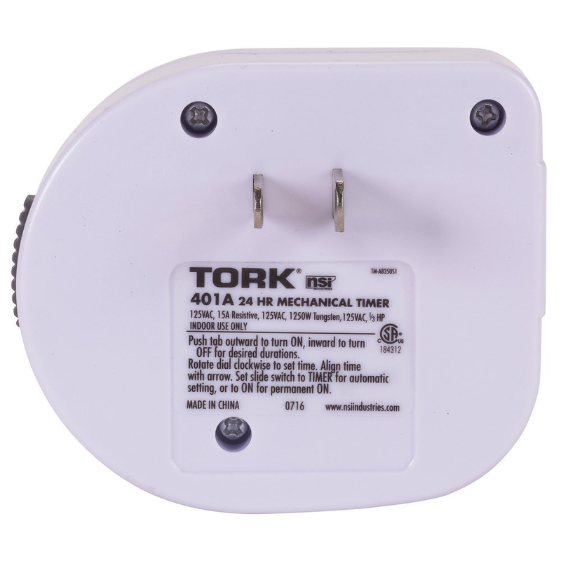 NSI Industries TORK 401A Easy-Set Indoor 15-Amp Mechanical Plug-In Lighting and Appliance Timer - Multiple On/Off Settings - Compatible with Incandescent/Compact Fluorescent/LED - Features 1 Outlet Receptacle