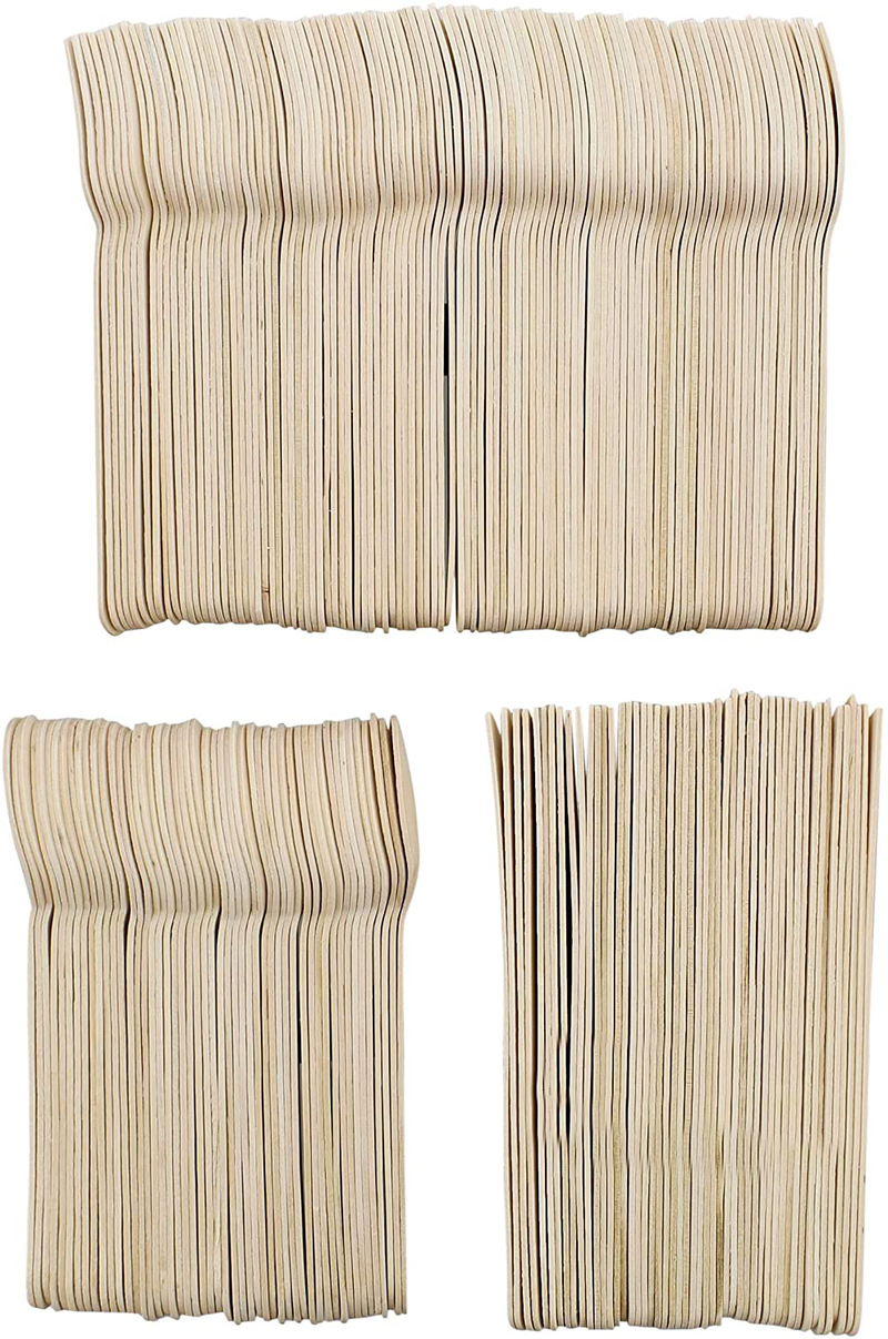 Spec101 Disposable Wooden Cutlery Set - 200pc Ecological Cutlery Combo Pack (100 Wooden Forks, 50 Spoons, 50 Knives)