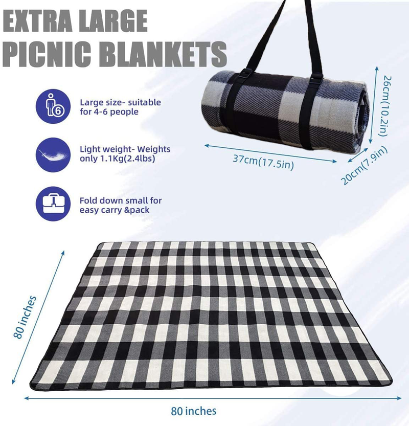 TIANFAN Picnic Blanket, Outdoor Picnic Blankets Waterproof Foldable 80×80 inch Large Sandproof Beach Blanket Mat for Travel,Camping,Family Hiking (Black& White)