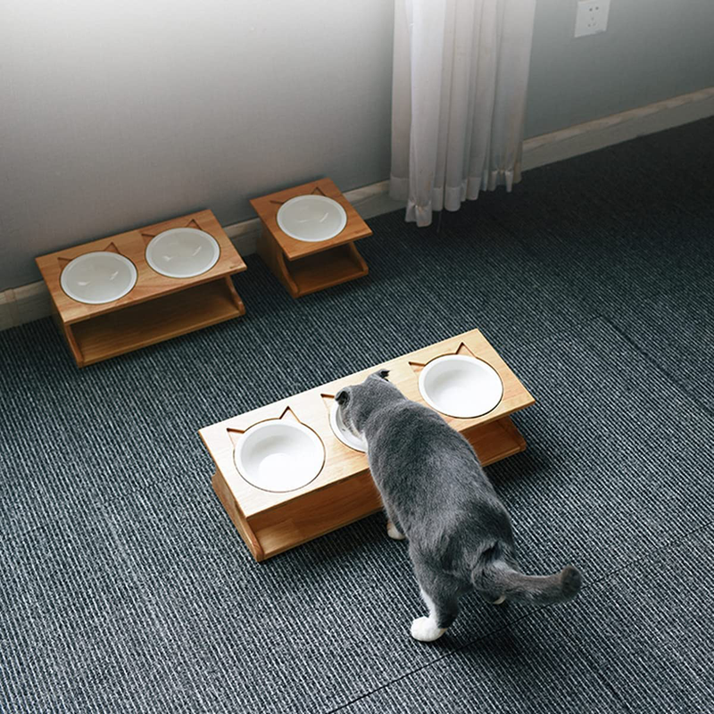 Smith Chu Premium Elevated Pet Bowls, Raised Dog Cat Feeder Solid Bamboo Stand with Ceramic Food Feeding Bowl - Cute Kitty Bowl for Cats and Puppy
