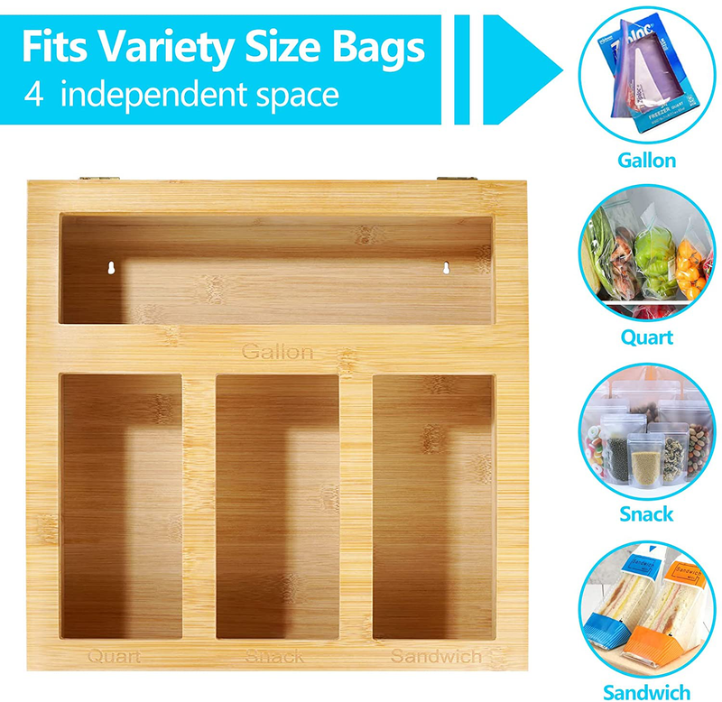 Gmoelusia Bamboo Ziplock Bag Storage Organizer for Kitchen Drawer or Wall Mount, Premium Openable Top Lids Food Storage Bag Holders Compatible with Ziploc, Glad, Gallon, Quart, Sandwich & Snack Bags