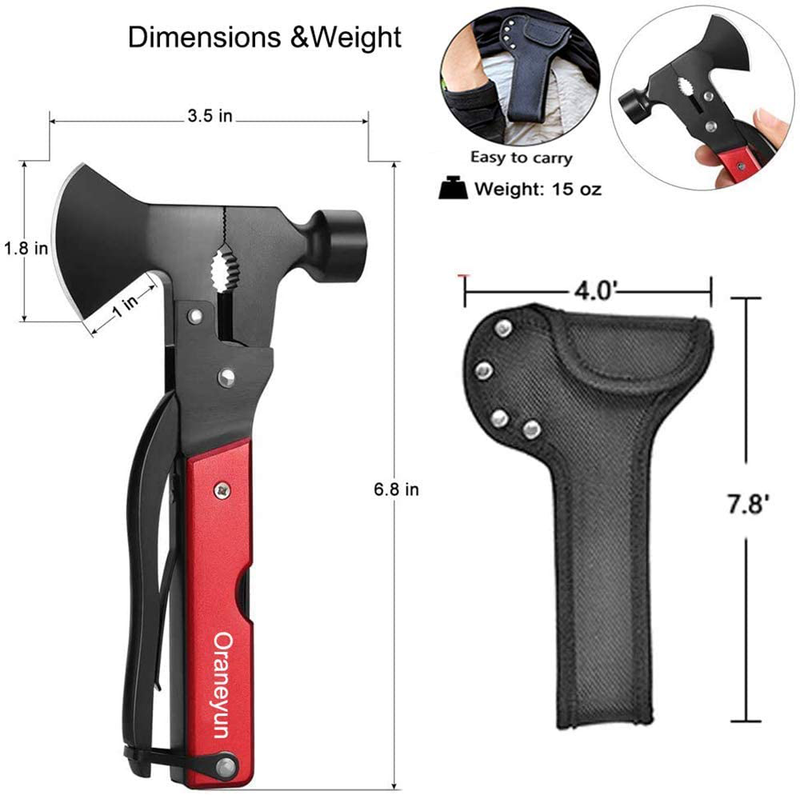 Oraneyun Multitool Camping Accessories, 16 in 1 Survival Gear Tools, Hammer Multitool Outdoor Hunting Hiking, Gifts for Men Dad, Hatchet Multitool with Axe Knife Plier Bottle Opener Saw Screwdriver