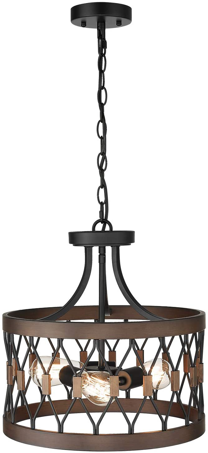 Osimir Semi-Flush Mount Ceiling Light, 3-Light Ceiling Light Fixture, 16-Inch Cage Drum Pendant Hanging in Wood and Black Finish, PE9170-3