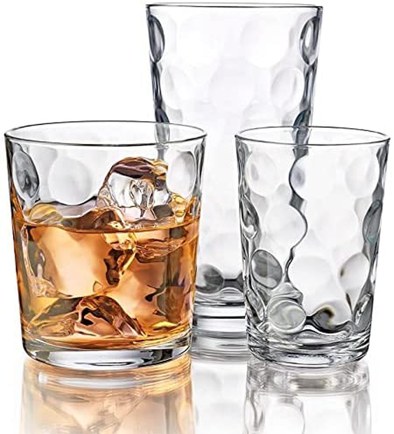 Drinking Glasses, 12 Piece Glass Cups Set. includes 4 Highball Glasses 17 oz. 4 Rock Glasses 13 oz. and 4 Juice Glasses 7 oz. By Home Essentials & Beyond. Ideal for Water, Juice, Beer, cocktail. Dishwasher Safe.