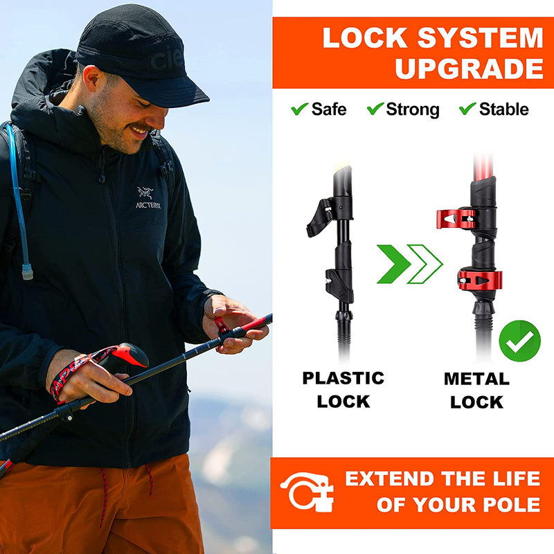 OUTAPEX Carbon Fiber Trekking Poles - 2-Pc Pack Lightweight, Adjustable Hiking or Walking Sticks with EVA Grips, Padded Strap, Quick Adjust Metal Locks, 10 Anti-Shock Rubber Tips for Walking