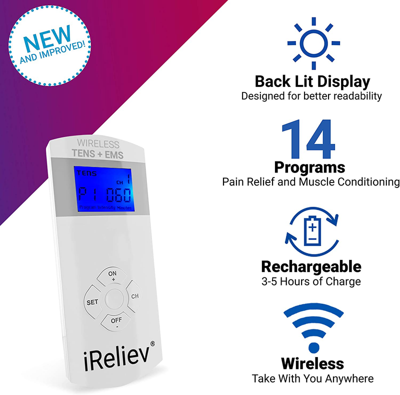 iReliev Wireless TENS + EMS Therapeutic Wearable System Wireless TENS Unit + Muscle Stimulator Combination for Pain Relief, Arthritis, Muscle Conditioning, Muscle Strength