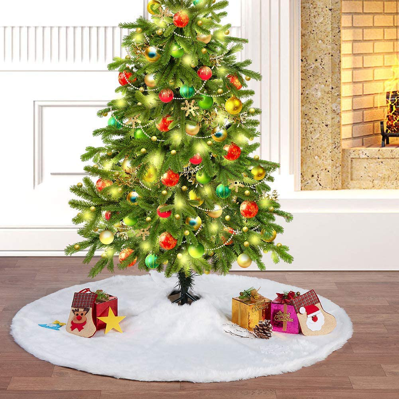 MACTING Luxury Faux Fur Christmas Tree Skirt Soft Snow White Tree Mat Christmas Decorations Xmas Holiday Tree Skirts (48 Inch)