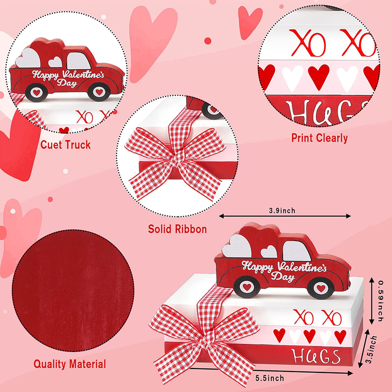 Queekay 3 Pieces Valentine'S Day Tiered Tray Decorations, Decorative Fake Book Decor Rustic Valentine Truck Wooden Fake Old Books Home Mantle Decor for Table Shelf Mantle Valentine Decorations