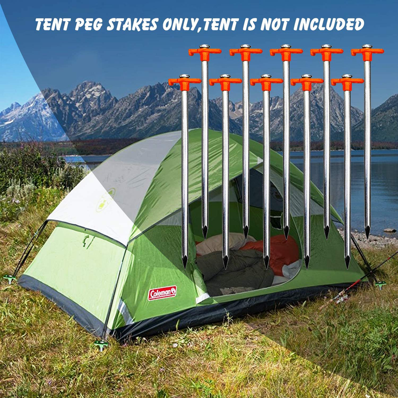 Eurmax USA Galvanized Non-Rust Outdoor Camping Family Tent Pop up Canopy Stakes 10Pc-Pack, with 4X10Ft Ropes & 1 Orange Stopper